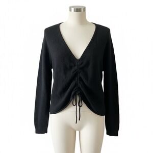 Roxy Black‎ Sweater Womens V Neck Tie Long Sleeve Size Large Knit Cotton